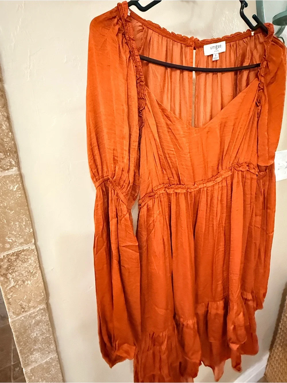 Umgee Rust Orange Long Sleeve Tiered Ruffle Mini Dress